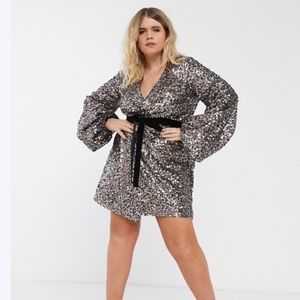ASOS Curve mini dress blouson sleeve and tie waist